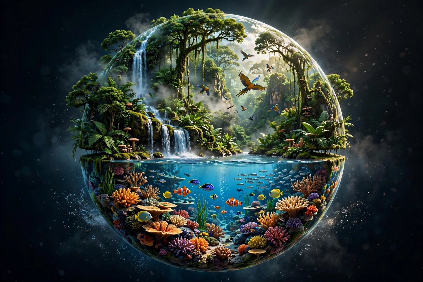 3D illustration of a glass globe containing a rainforest with waterfalls above a coral reef full of tropical fish