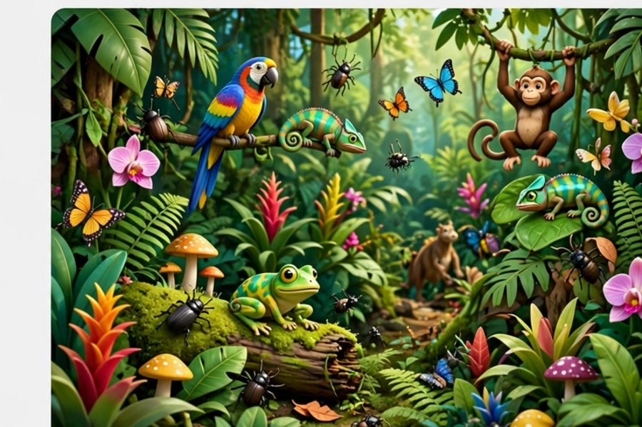 Picture clue: a rich variety of plants, animals and insects living together in a rainforest