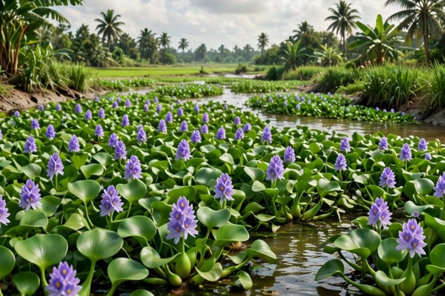 Picture clue: water hyacinth spreading rapidly and covering the surface of a canal